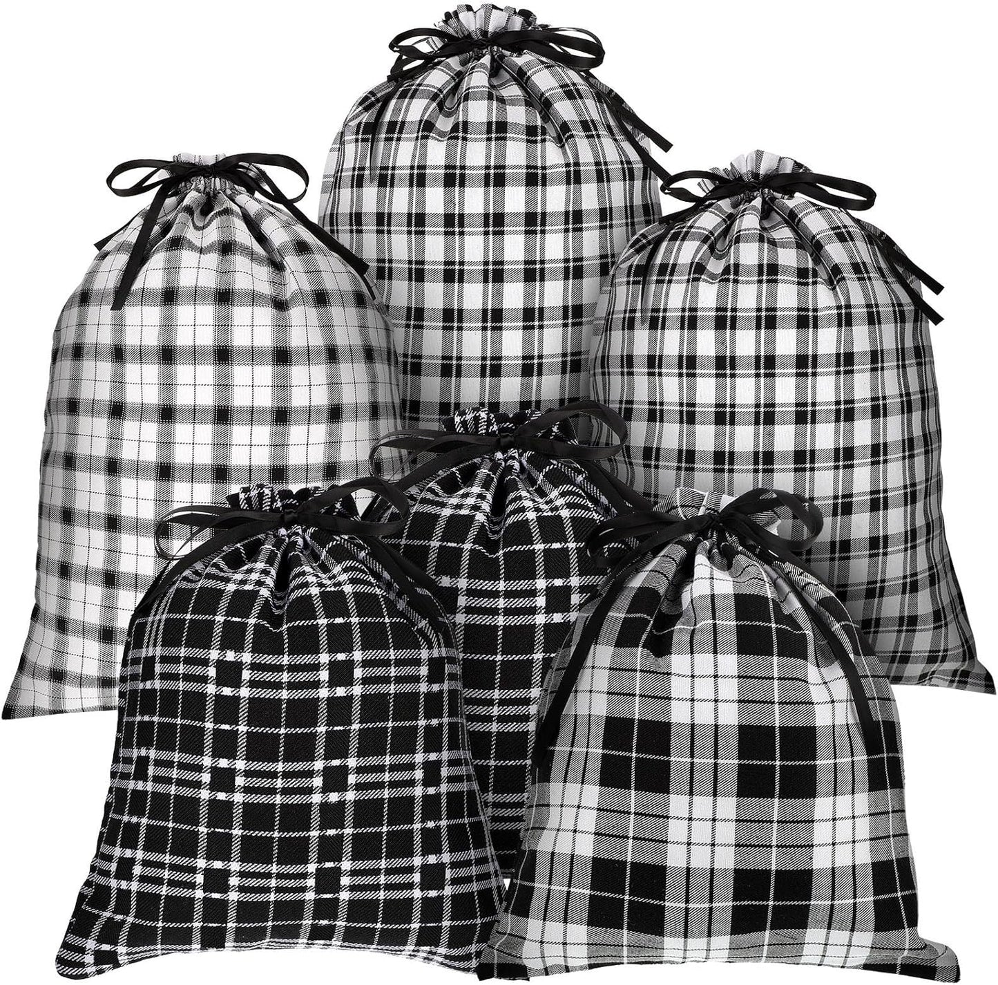 Festive 6-Pack Christmas Drawstring Bags - Reusable Red & Black Plaid Burlap