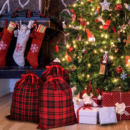 Festive 6-Pack Christmas Drawstring Bags - Reusable Red & Black Plaid Burlap