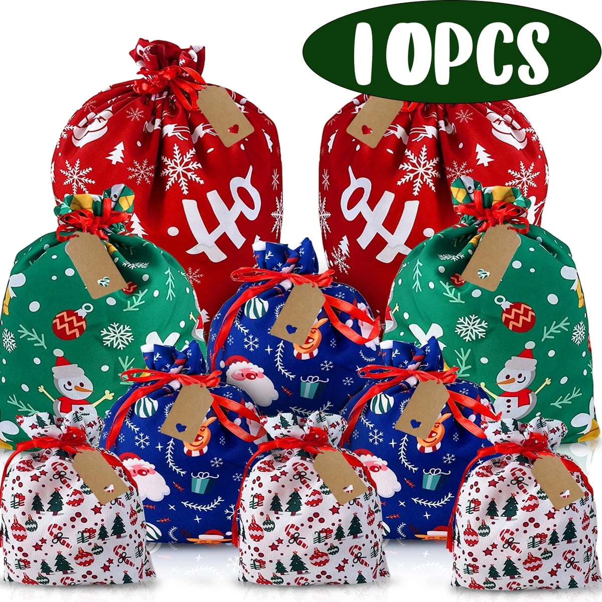 Christmas Gift Bags - Reusable Fabric Drawstring 10Pcs