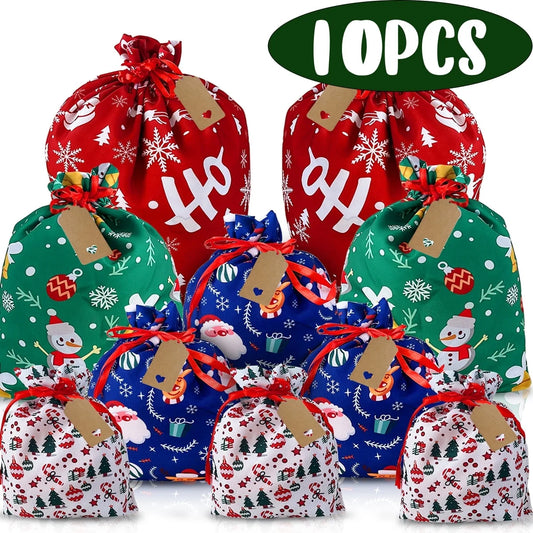 Christmas Gift Bags - Reusable Fabric Drawstring 10Pcs