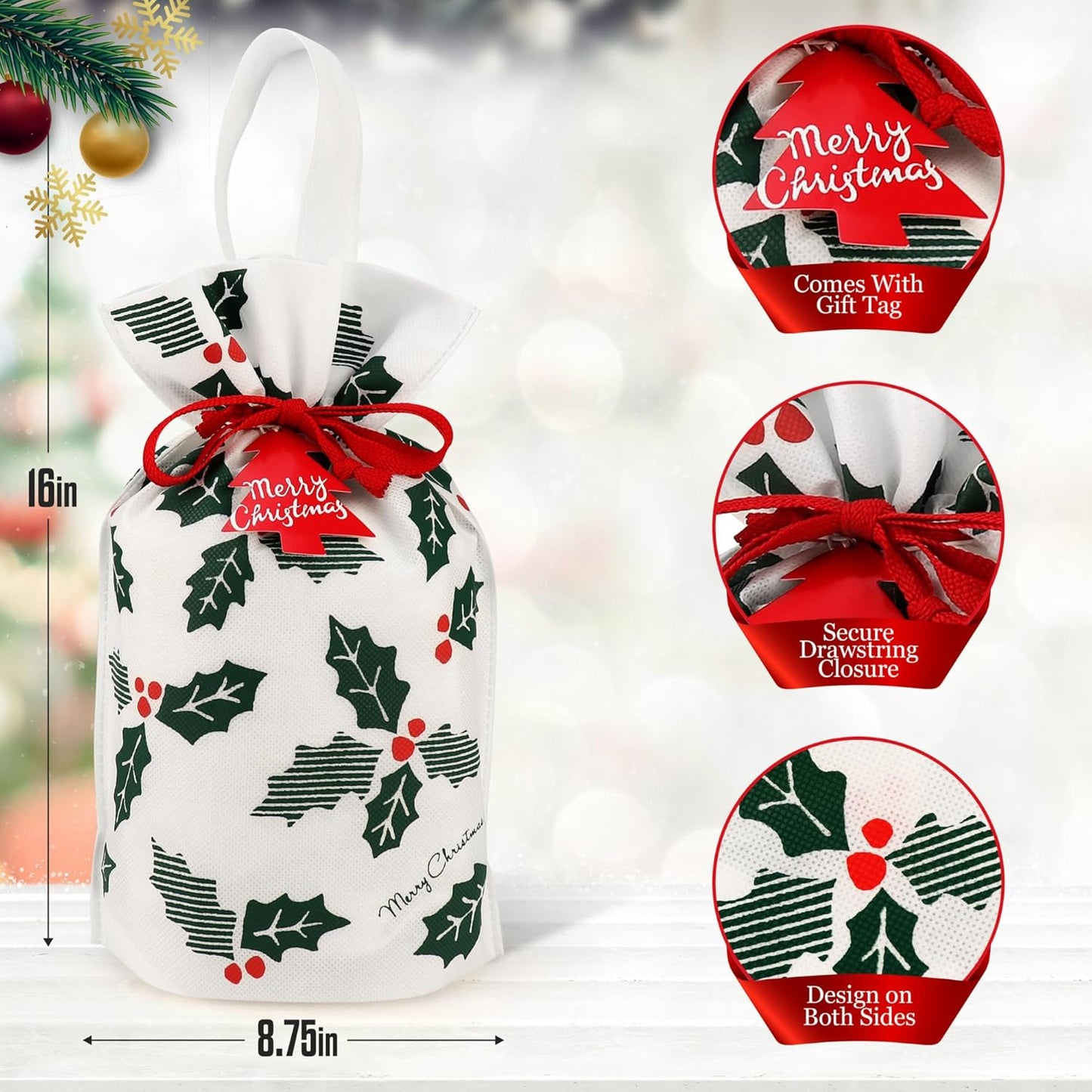 Gift Bag with Drawstring for Christmas (Pack of 6)