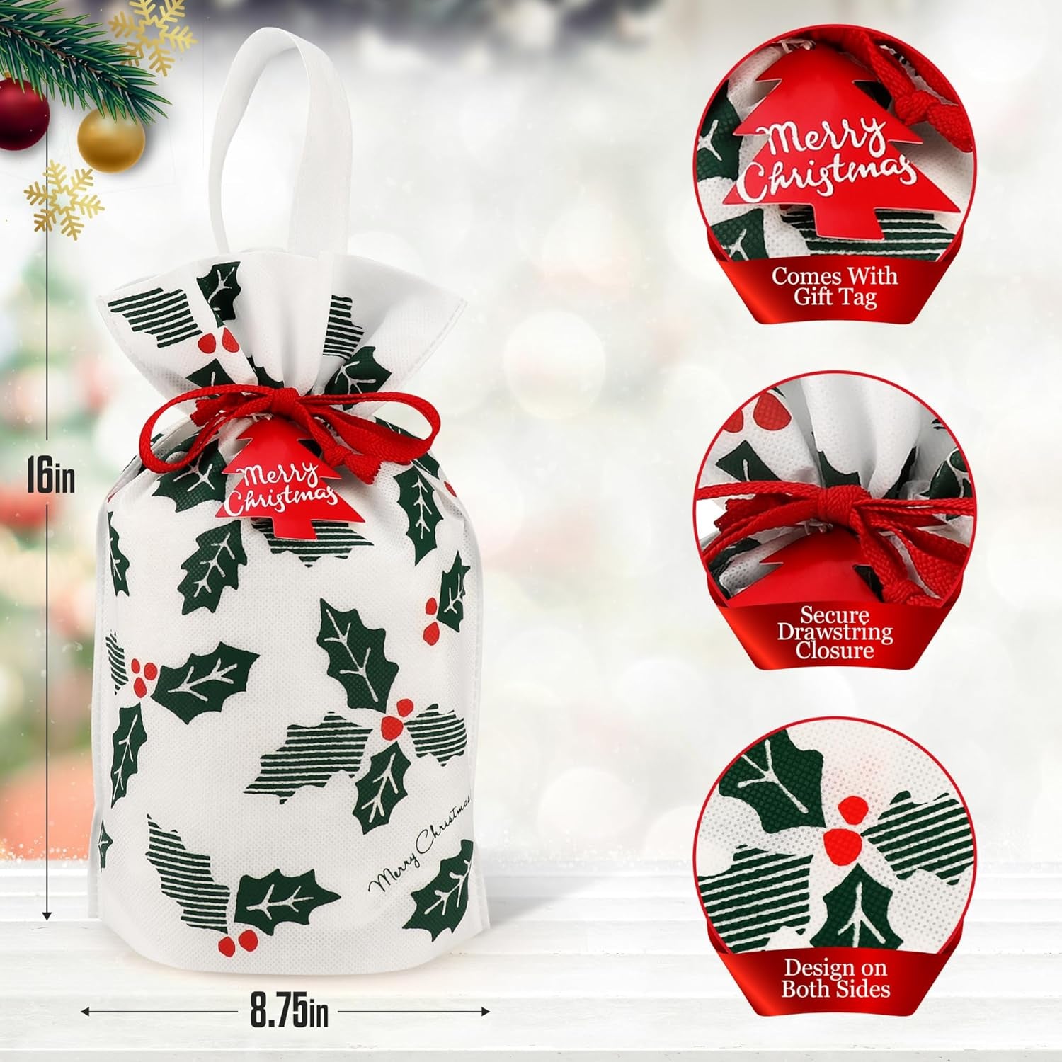 Gift Bag with Drawstring for Christmas (Pack of 6)