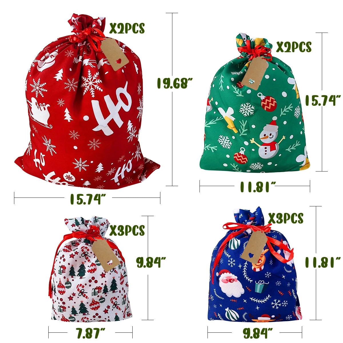 Christmas Gift Bags - Reusable Fabric Drawstring 10Pcs