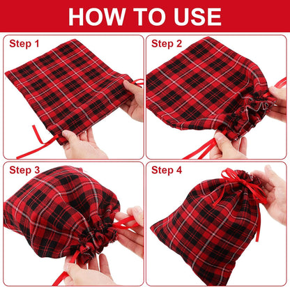 Festive 6-Pack Christmas Drawstring Bags - Reusable Red & Black Plaid Burlap