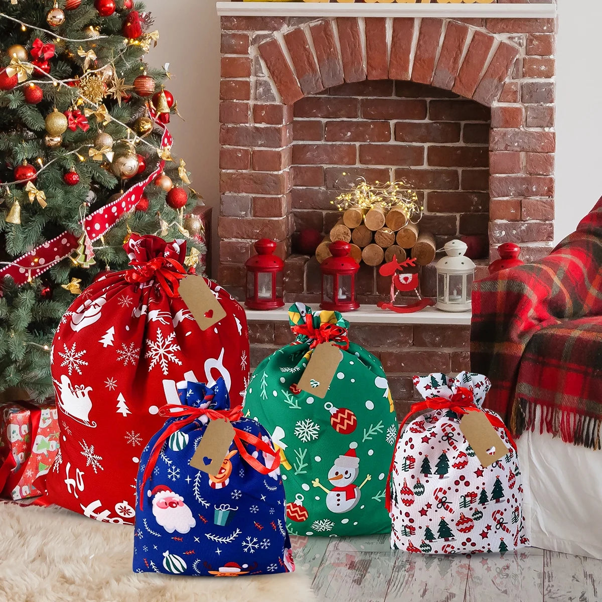 Christmas Gift Bags - Reusable Fabric Drawstring 10Pcs