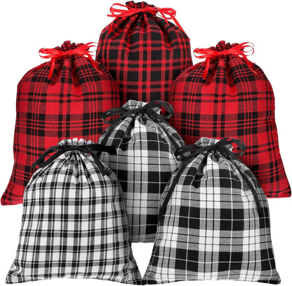 Festive 6-Pack Christmas Drawstring Bags - Reusable Red & Black Plaid Burlap
