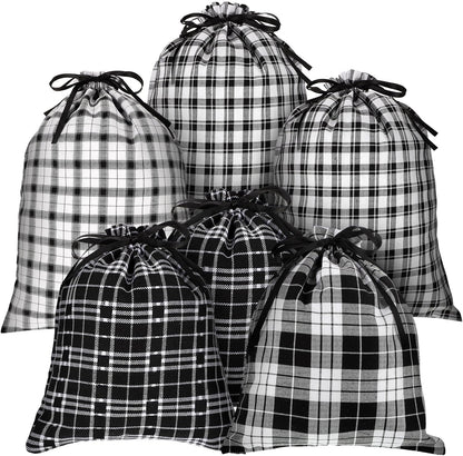 Festive 6-Pack Christmas Drawstring Bags - Reusable Red & Black Plaid Burlap