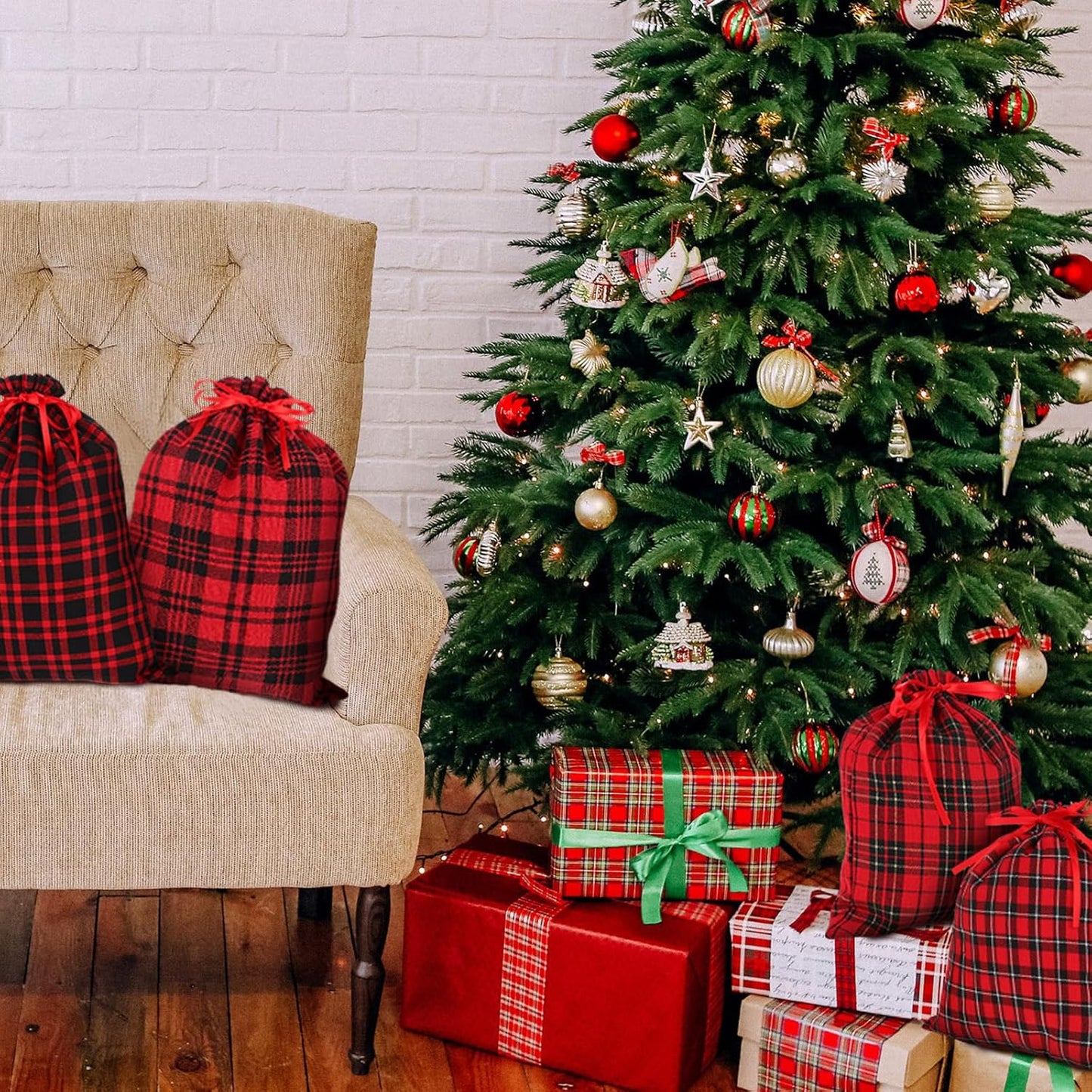 Festive 6-Pack Christmas Drawstring Bags - Reusable Red & Black Plaid Burlap