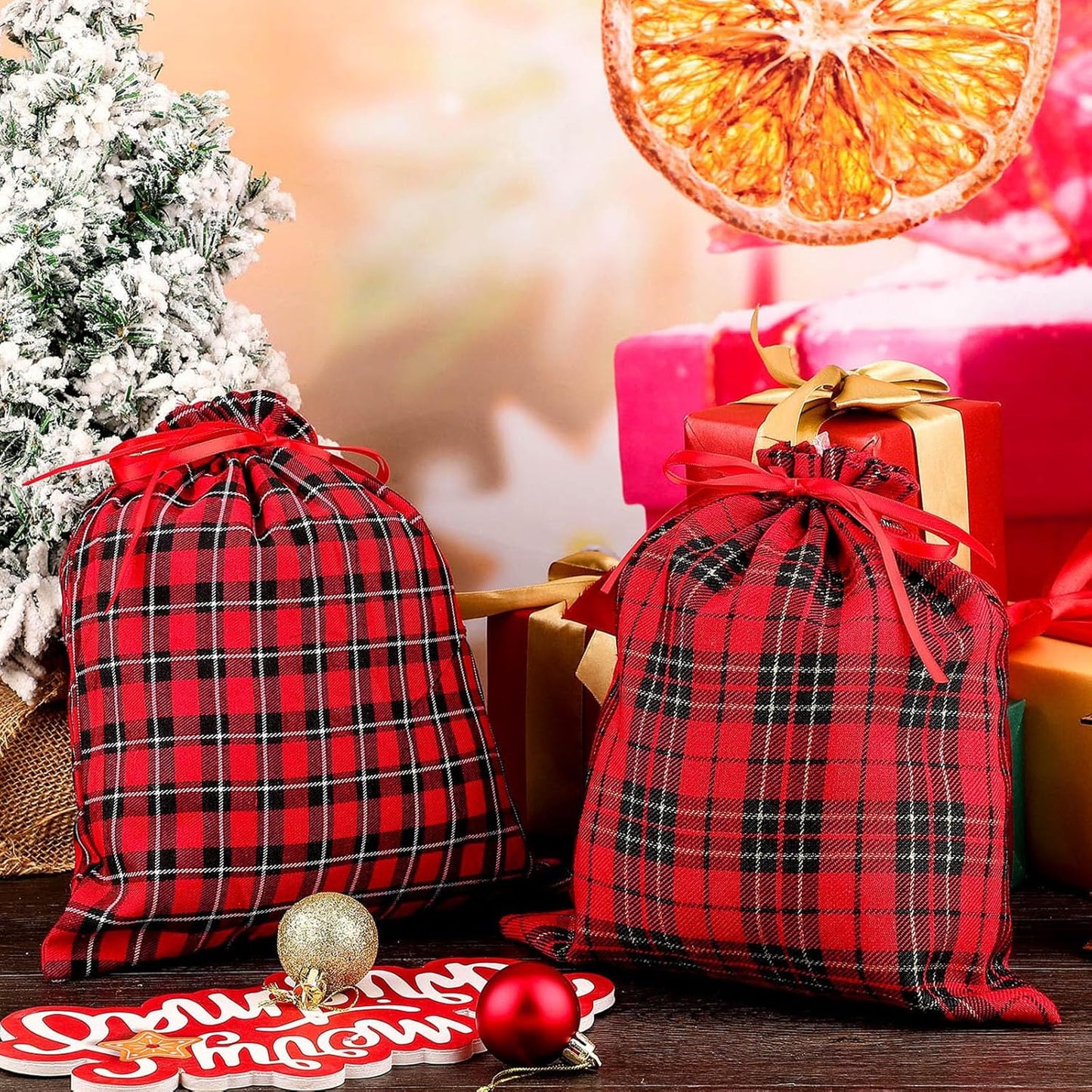 Festive 6-Pack Christmas Drawstring Bags - Reusable Red & Black Plaid Burlap
