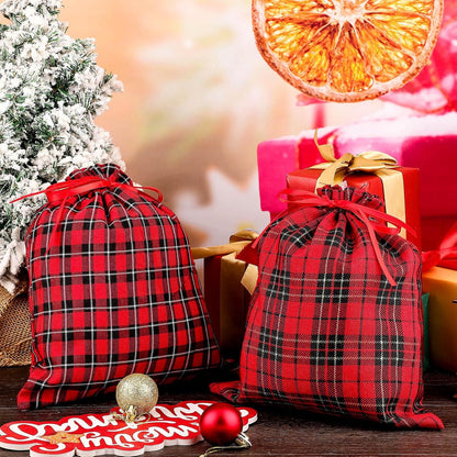 Festive 6-Pack Christmas Drawstring Bags - Reusable Red & Black Plaid Burlap
