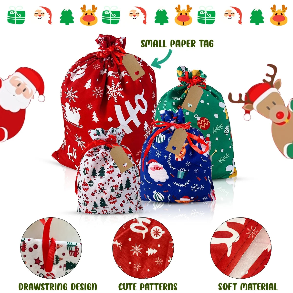 Christmas Gift Bags - Reusable Fabric Drawstring 10Pcs