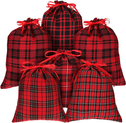 Festive 6-Pack Christmas Drawstring Bags - Reusable Red & Black Plaid Burlap