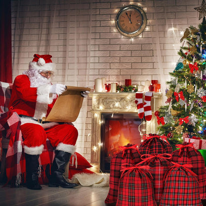 Festive 6-Pack Christmas Drawstring Bags - Reusable Red & Black Plaid Burlap
