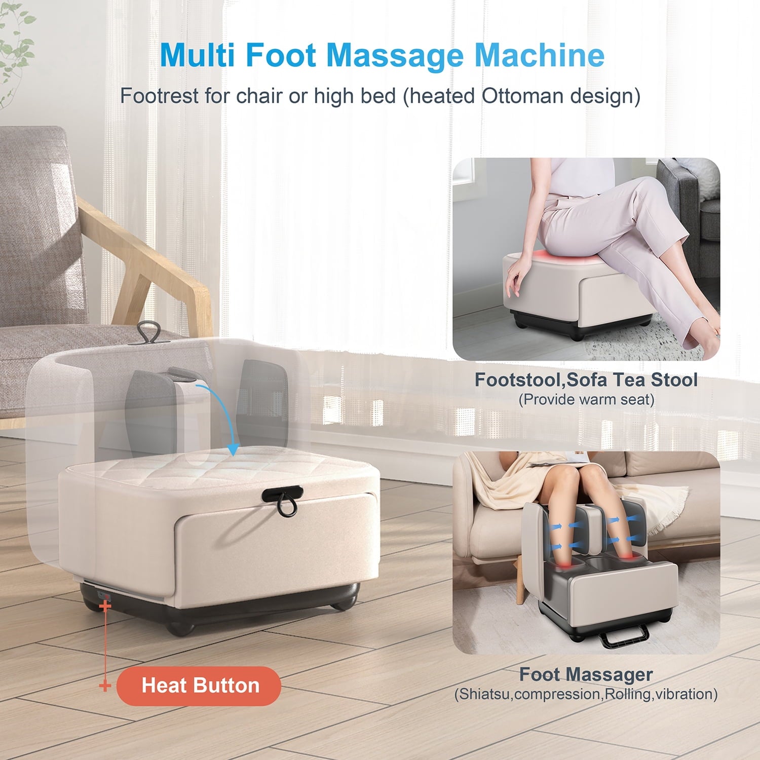2 in 1 Foot Massager & Ottoman Rest, Shiatsu Foot Calf Massager with Heat, App Control