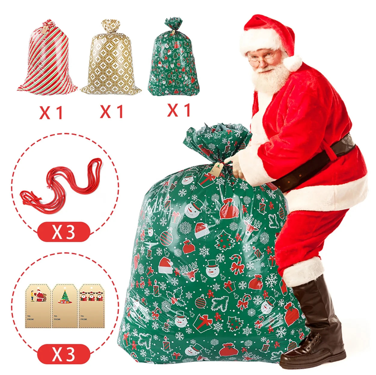 Christmas Gift Bags Extra Large Santa Sacks with Drawstring 36" X 56" 3Pcs
